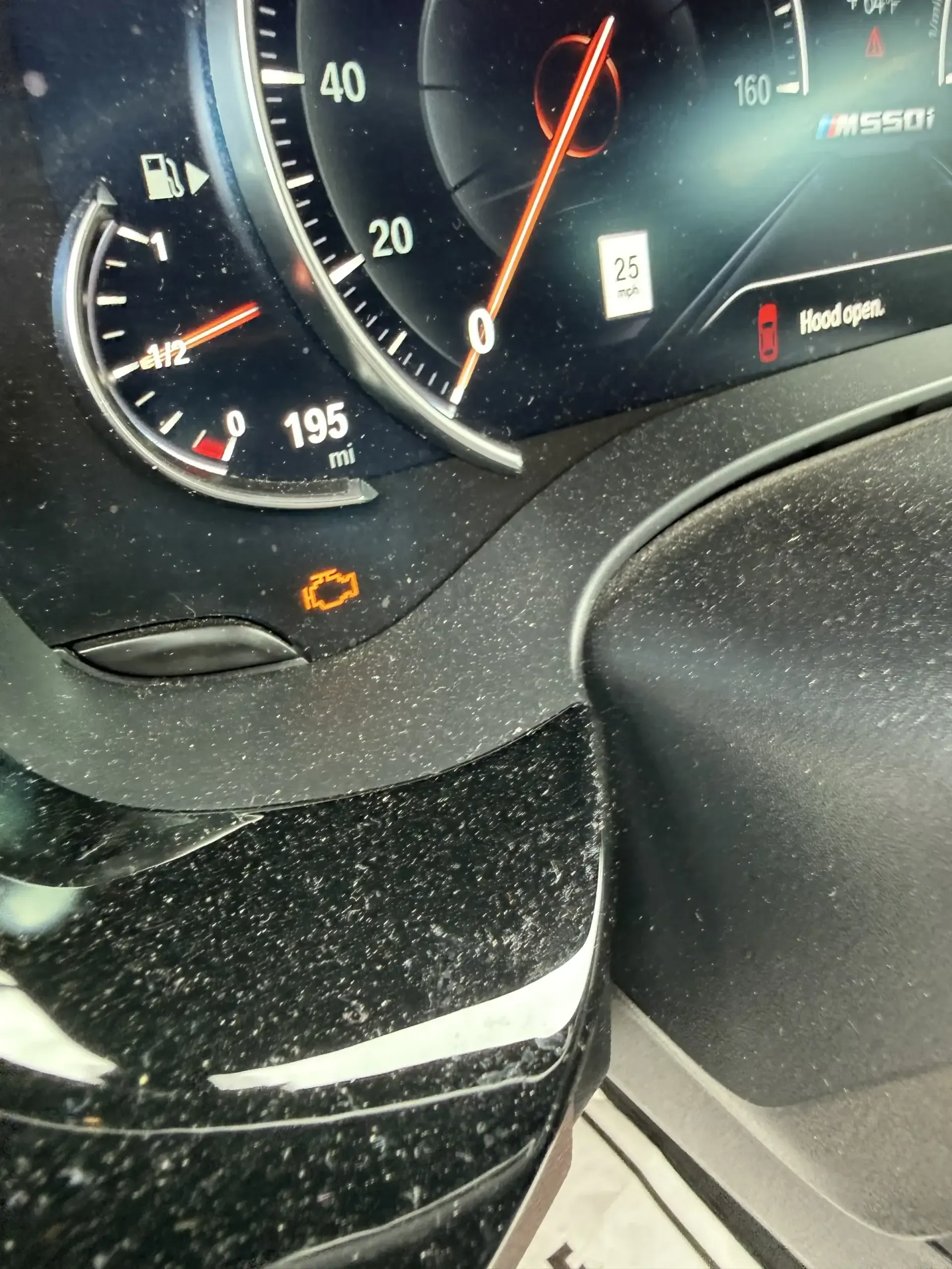 BMW M550i (G30 N63 V8) instrument cluster with check engine warning light on at Beacon Auto Care San Mateo